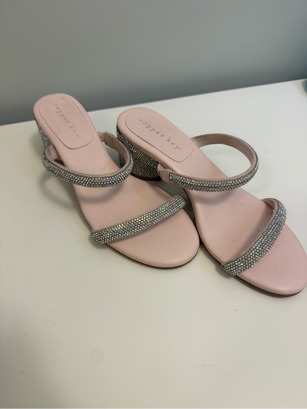 Copper Key Sparkling Blush Two Strap Block Heel Mules